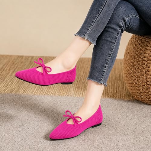Image of TINGRISE Women's Pointed Toe Flats Comfortable Knit Ballet Shoes Washable Dressy with Bow Business Casual Work Shoes