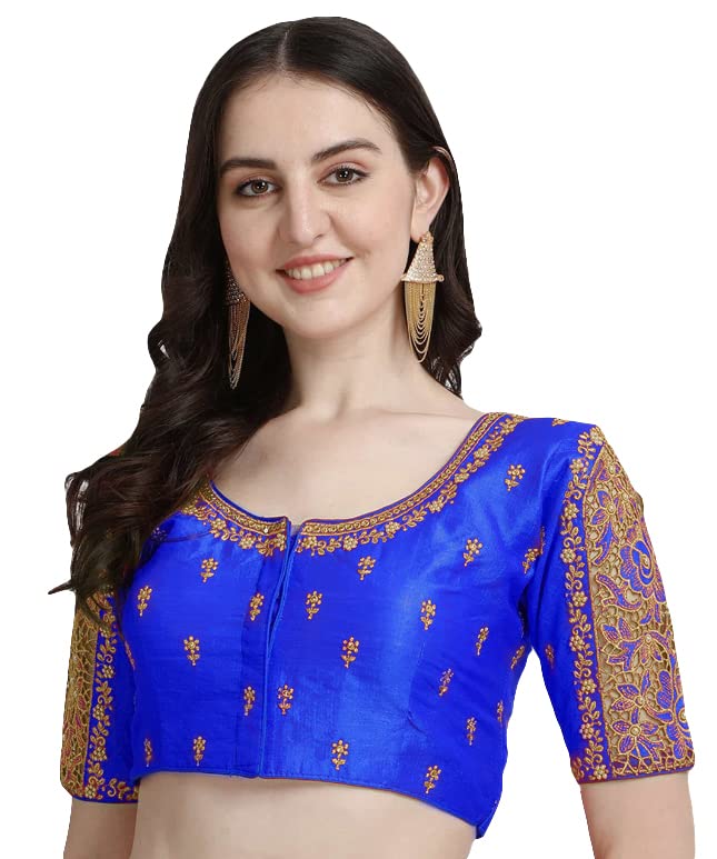 Pujia Mills Women's Silk Flower Embroidery Sleeves Cut Work Half Sleeve Readymade Saree Blouse (Gulab Rose_Royal_38)