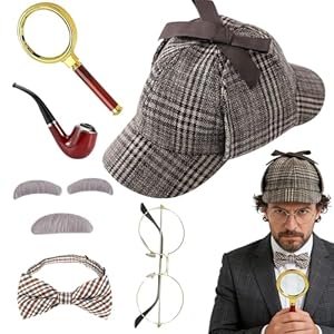 PLLYPE Detektiv Kostüm Zubehör Set, 7 Stück Sherlock Holmes Kostüm, Detektiv Cosplay Requisiten, mit Detektivhut Metallbrille Lupe Herrenfliege Bart, für Erwachsenen Halloween Karneval Cosplay