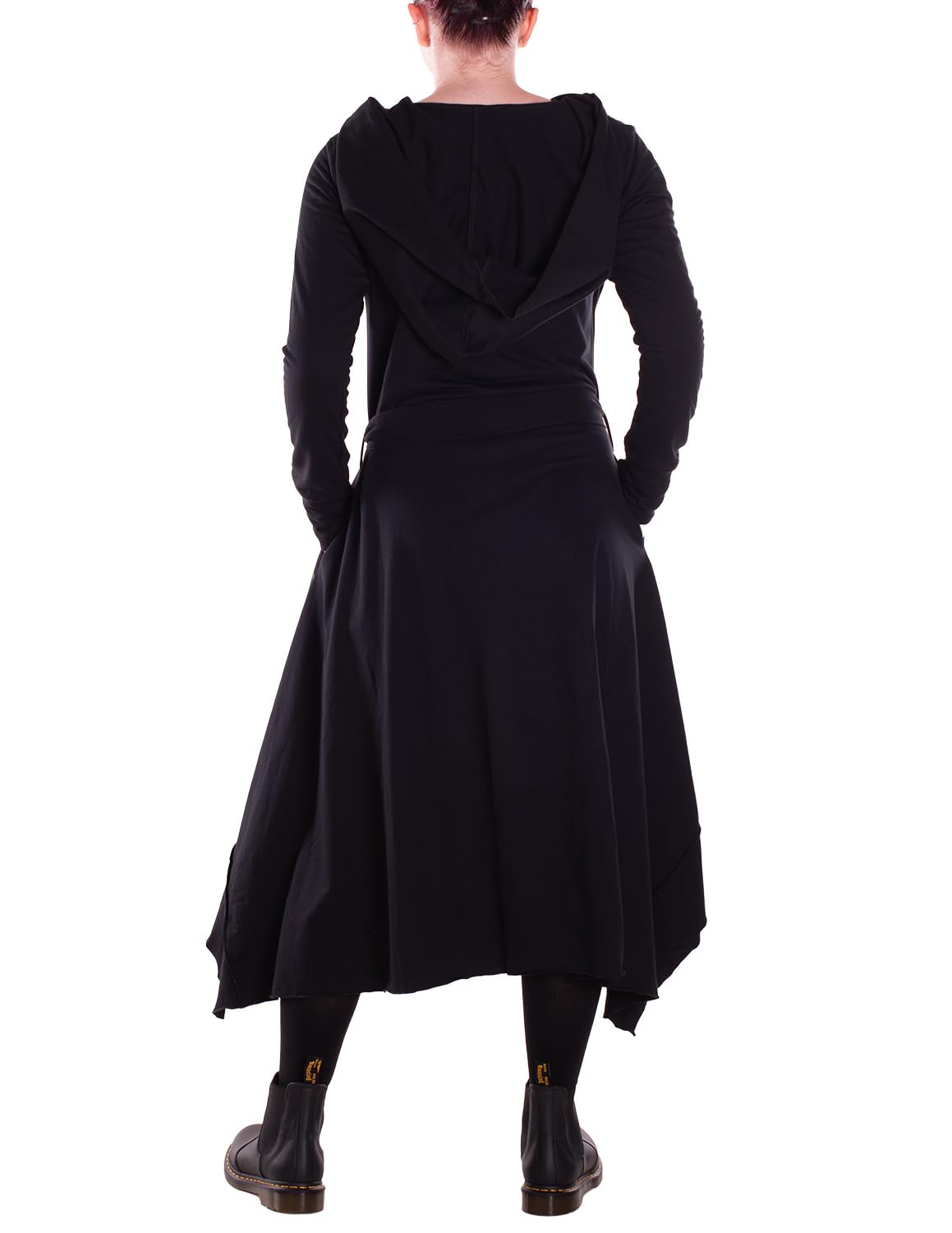 Vishes - Langer asymmetrischer Baumwoll-Überwurf mit Kapuze, Taschen, Daumenlöchern und Gürtel - Alternative Bekleidung