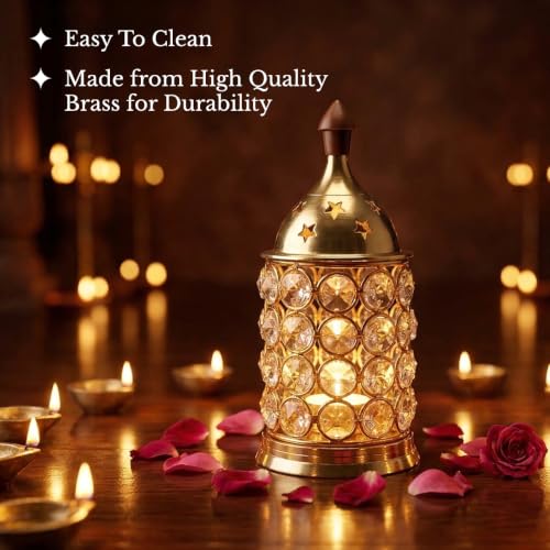 Image of Shubhkart Nitya Crystal Deep Brass Diya | Crystal Oil Lamp Diyas | Brass Table Deepak Oil Lamp Medium Size Akhand Jyoti for Home Temple Diwali Home Decoration (6 Inch Height, 3 Inch Length) - 234 GMS