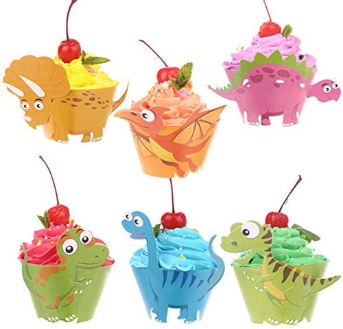 96pcs Dinosaur Cupcake Wrappers in 6 Design Cartoon Patterns Cute Cupcake Wraps Bake Cake Paper Decorations by CCINEE