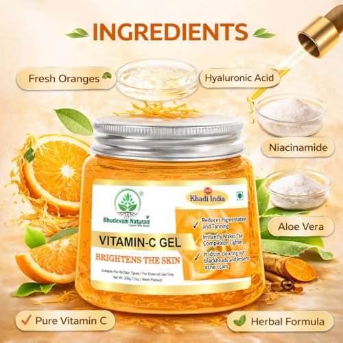 Image of Khadi Organic and Natural Vitamin C Aloe Vera Gel Radiant Glow - Hydrating Skin Serum for Brightening & Rejuvenation | Soothing & Healing Moisturizer for Acne-Prone Skin Suitable for All Skin Types - 200GM
