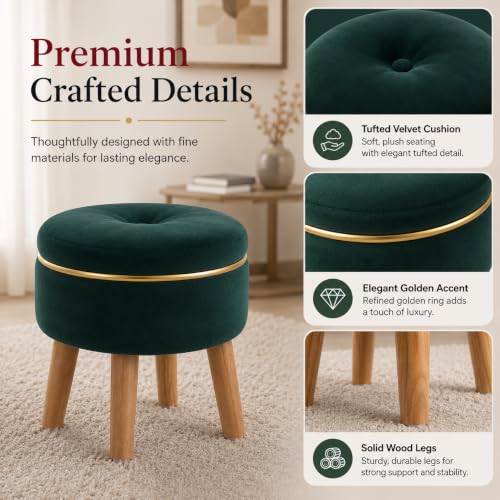 Image of Ottoman Stool for Living Room Foot Rest | Velvet Small Ottoman Foot Stool | Solid Wood Legs | Footstool Puffy for Home, Bedroom & Makeup Table | 30 x 30 cm (12 x 12 Inch) | Green