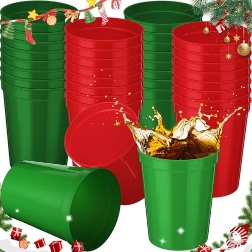 Yungyan 36 Pack 16oz Christmas Stadium Cups Holiday Reusable Plastic Cups Red and Green Cups Blank Drink Tumblers Stadium Cups Christmas Party Cups for Birthday Party, Events, DIY Projects (Red,Green)