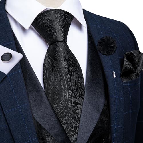 Image of DiBanGu Mens Paisley Suit Vest Silk Jacquard Waistcoat and Necktie Set Formal Shawl Collar Dress Vest 7PCS for Wedding Party