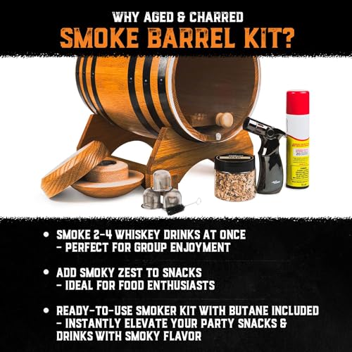 Old Fashioned Cocktail Kit for Whiskey, Bourbon & More - Premium Barrel Set, USA Oak - Cocktail Smoker Kit with Torch - Bourbon Gifts for Men - (with Butane)