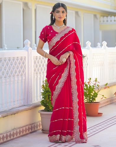 Image of SIRIL Women's Shimmer Chiffon Scalloped Border Sequins Embroidery Saree With Unstitched Blouse Piece