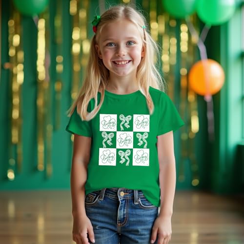 Image of Kid Girls St. Patricks Day Shirts Bow Lucky T-Shirt Shamrock Tees Clover Short Sleeve Tops Irish Outfits 7-12 Years