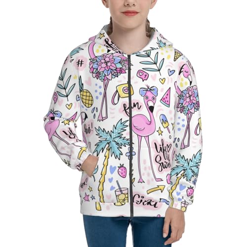 Summer with Flamingo Kids Pullover Hoodies Boys Zip Up Sweatshirts Girls Athletic Clothes with Pocket3