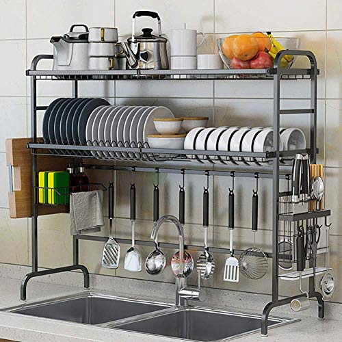 2 Tier Geschirrtrockner über Spüle, Edelstahl Geschirrablage Regal mit Besteckhalter Geschirrkorb Organizer Küche Schwarz 93cm (37inch)