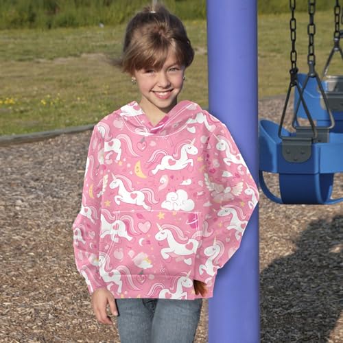 Seamless Pink unicorns Pattern Illustration Kids Boys Girls Sweatshirts Long Sleeve Pullover Top Streetwear with Kangaroo4