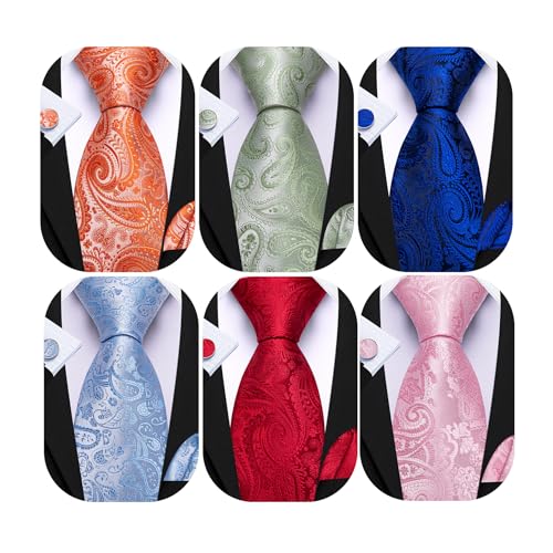 Image of Barry.Wang 6 PCS Men Ties Set Silk Business Fashion Woven Necktie Handkerchief Cufflinks Paisley Stripe Wedding Party