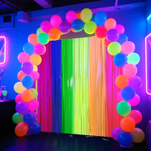 Image of 4 Packs Glow in the Dark Foil Fringe Curtain, Macaron Rainbow Blacklight Reactive Fluorescent Tinsel Backdrop Neon Luminous Streamers for Birthday, Wedding, Neon Party, Glow Party Decorations Supplies