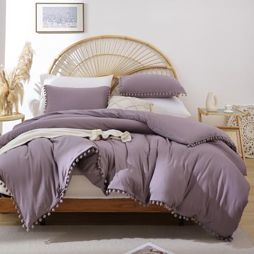 YIRDDEO Full Size Comforter Sets - Full Size Comforter with Ball Pom Fringe, Soft Bedding Set for All Seasons - 3 Pieces, 1 Comforter (79"x90") & 2 Pillow Shams(20"x26"), Dusty Purple