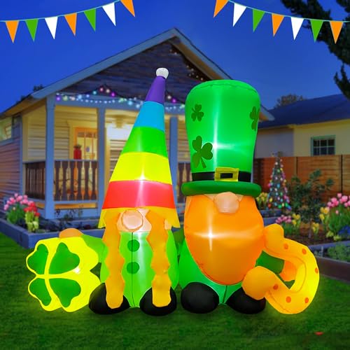 BLOWOUT FUN 4ft Inflatable St. Patrick's Day Twin Gnomes with Shamrock and Lucky Horseshoe Decoration, LED Blow Up Lighted Decor Indoor Outdoor Holiday Art Decor Decorations Clearance