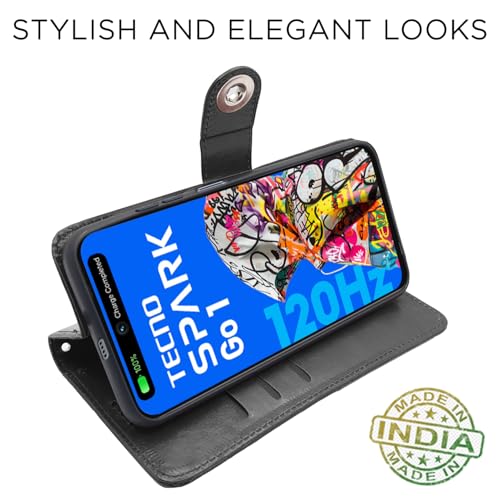 Image of Pikkme Flip Cover Leather Finish | Inside TPU with Card Pockets | Wallet Stand and Shock Proof | Complete Protection Button Flip Case for Tecno Spark Go 1 (Black)