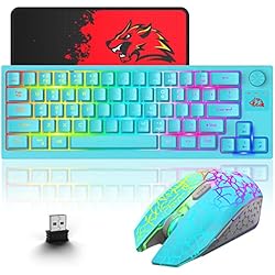 Combo Teclado y Ratón Inalámbrico para Windows, 2.4 GHz con Receptor USB, 64 Teclas con Perilla RGB Retroiluminado Recargable 3000mAh Batería Teclado 2400 dpi Mouse con Alfombrilla de ratón - Azul