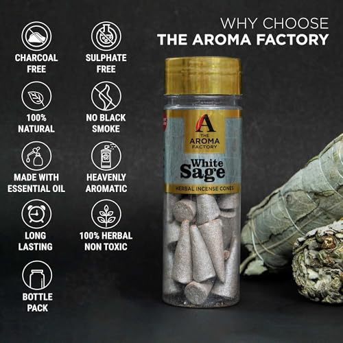 Image of The Aroma Factory Incense Dhoop Cone White Sage (100% Herbal Leaves Healing & 0% Charcoal) 1 Bottle x 30 Cones