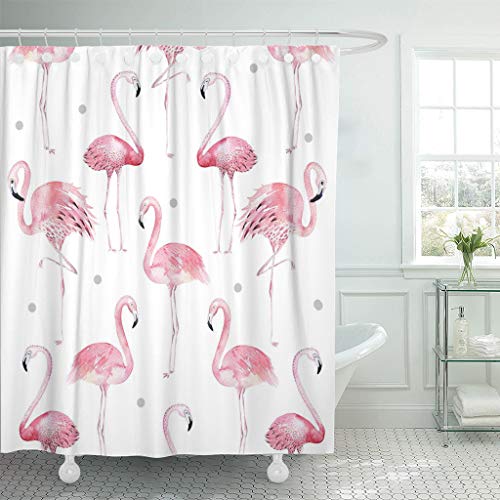 Artsocket Shower Curtain Watercolor Bath Pink Flamingos Grey Polka Dots Chic Tropical Home Bathroom Decor Polyester Fabric Waterproof 72 X 72 Inches Set With Hooks thumb #1