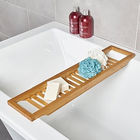 SA Products Bath Caddy Shelf Organizer - 70 x 14.5 x 4.5 cm Natural Bamboo Bath Table Tray Bathroom Organizer for Standard Sized Bathtub - Caddy Organizer Bathroom Tray Rack Wooden Tray for Soap Cream Cover