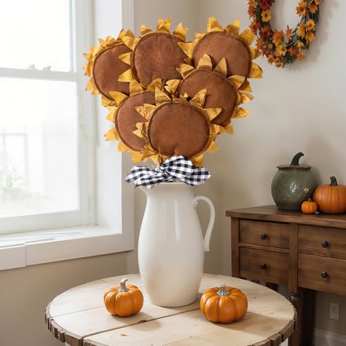 Luinabio 6 Pcs Primitive Sunflower Fall Artificial Flowers Decorations for Home Halloween Large Art Fabric Floral Sunflower with Plaid Bows Vintage Rustic Retro Farmhouse Style for Fall Halloween