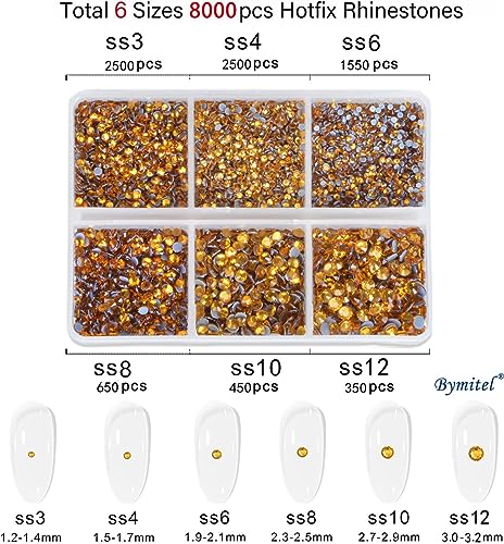 Image of Bymitel Hotfix Crystal Rhinestones Round Gems for Crafts,Mixed 6 Sizes with Wax Pencil Kit, Topaz1.3-3.2mm(SS3-SS12 /8000pcs)
