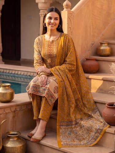 Image of INDO ERA Women's Pure Cotton Abstract Printed Mirror Work Kurta & Pant with Dupatta Set (IEAI13205)|Cotton Suits For Women With Dupatta