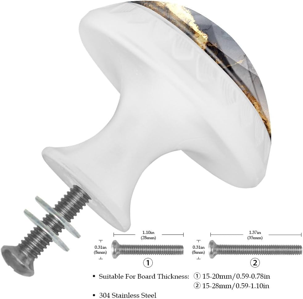 4 Pack Cabinet Knobs, Black Gold Marble White Knobs with Screws Round Furniture Drawer Pulls Handle for Dresser Cupboard Wardrobe Closet Hardware