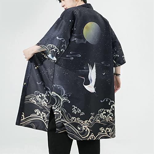 Image of Seidarise Men's Haori, Long Kimono Cardigan Jacket Japanese Style Flying Crane Seven Sleeves Open Front Coat