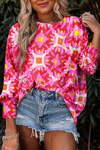 Women's Strawberry Pink Geometric Print Loose Blouse with Shirred Cuffs2