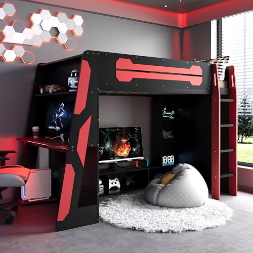 Image of Harper & Bright Designs Twin Size Wood Loft Bed with Desk and Multi-Storage Shelves, Wooden Gaming Loft Bed Frame with RGB Light, Space-Saving Bed with Safety Guardrail, Red