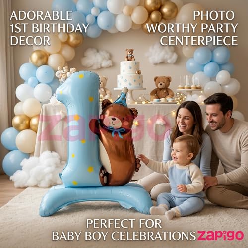 Image of Balloonistics Number 1 Self-Standing Blue Foil Balloon with Teddy Bear | 1st Birthday Baby Boy Decoration | First Birthday Balloon | No Helium Needed