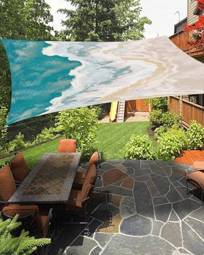 Boanket Sun Shade Sail 12' x 16', Beach Coastal Sun Blocking Shades Privacy Outdoor Covering, Summer Nautical Boho Teal Beige Abstract Art Shade Cloth for Patio Deck Garden Lawns Beach Backyard