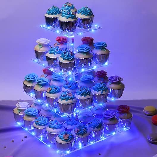 Miniatura 2 de weddingwish Soporte para cupcakes, soporte cuadrado de acrílico de 4 niveles con cadena de luces LED, torre de postre para pastelería para