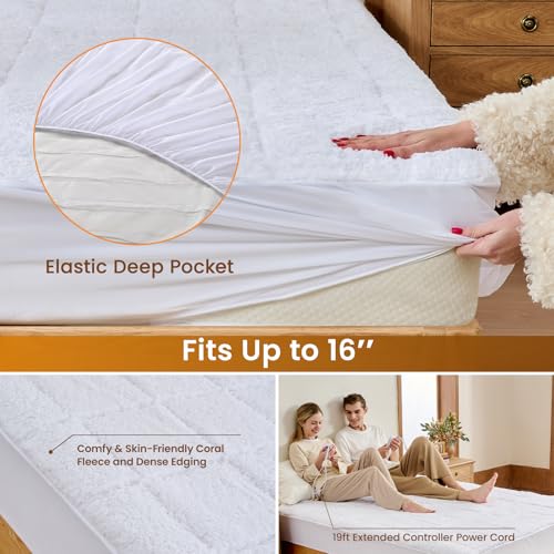 Image of Bearhug Heated Mattress Pad King Size Electric Dual Control 78 inchx80 inch White Sherpa Bed Warmer 21 Inch Deep Pocket Mattress Heating Pad with 10 Heat Levels 12 Hour Auto Shut Off Machine Washable