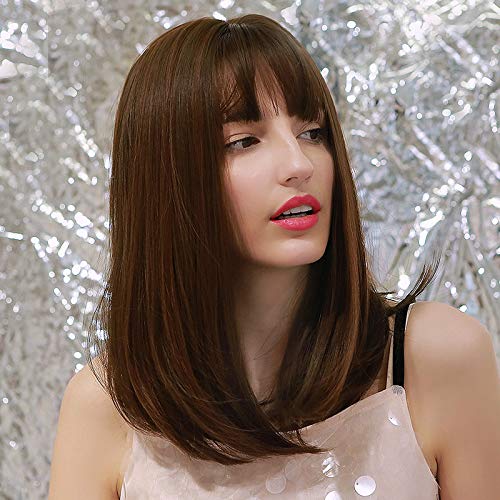 UBORSE 18" Long Brown Straight Wigs with Bangs for Women Natural Look Heat Resistant Synthetic Costume Bob Wigs (Medium, Dark Brown)