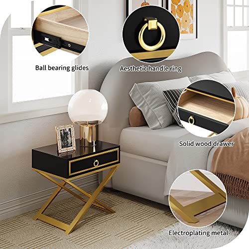 DWVO Modern Black Nightstand with Drawer Solid Wood Small Bedside Table Gold Metal Frame Fully Assembled End Table for Living Room Bedroom