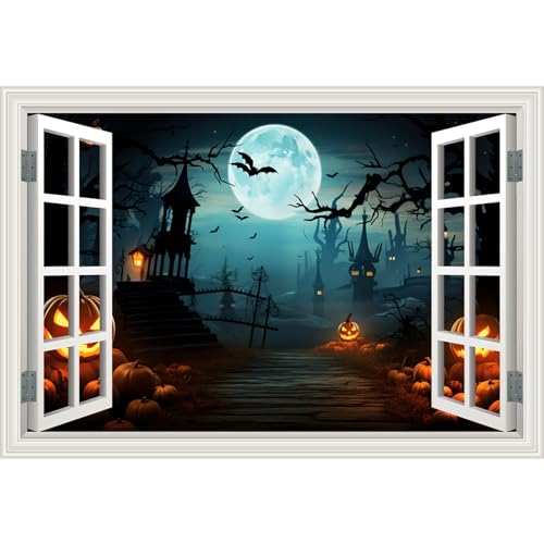 Fake Window Wall Decal Halloween Pumpkin Castle Bat Moon Night View Sticker