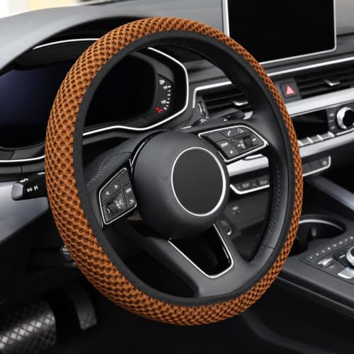 Image of KAFEEK Elastic Stretch Steering Wheel Cover, Universal 15 Inch, Brown