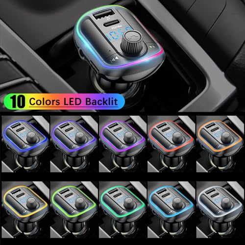 SKYBESS Car FM Transmitter Bluetooth 5.0, Upgraded PD18W Type C & QC3.1 USB Charger Bluetooth Car Adapter Wireless Radio, 10-Color LED Backlit Light, Hands-free Car Kit Music Player - Thumbnail 6