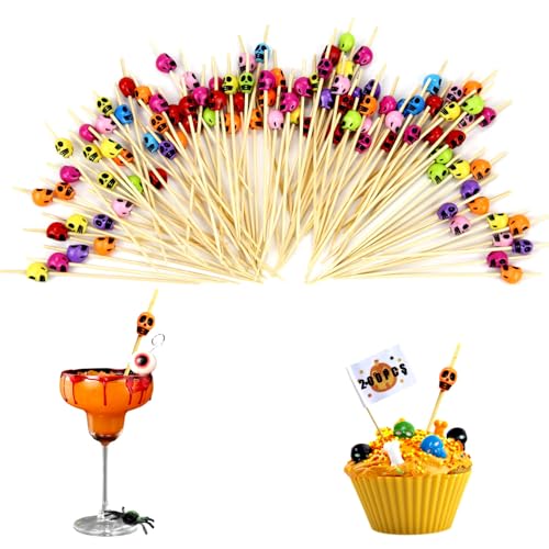 XIAQICA 200 Pezzi Halloween Cranio Stuzzicadenti Decorativi Bastoncini Cocktail 12 CM Spiedini Frutta Colore Forniture Feste Stecchini per Aperitivo per Festa Barbecue Antipasti Decorativi
