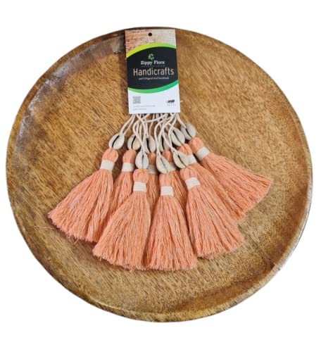 Image of Zippy Flora Handmade Cotton Tassels with Cowrie Shells for DIY & Crafts Project, Pack of 10 (Peach)