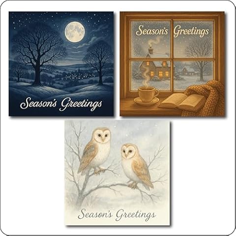 Pack of 12 Season's Greetings Cards & Envelopes. 3 Designs. Full Colour Inside with Best Wishes Message Cover