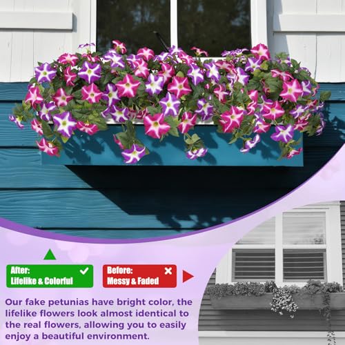 Image of Bassion Artificial Flowers for Outdoors, 2 Pcs Fake Petunia Flower, Fuschia