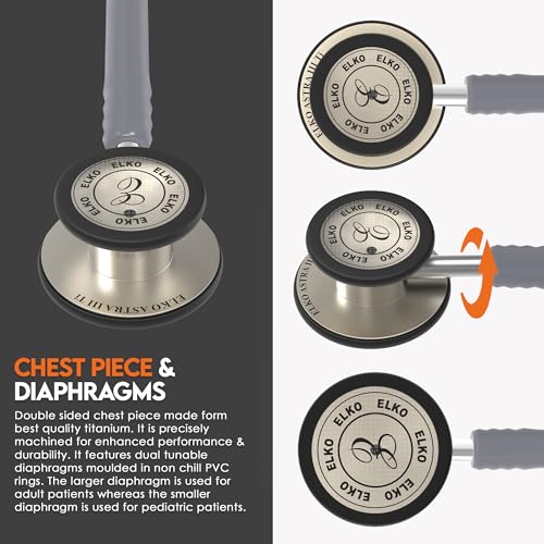 Image of ELKO EL-240 ASTRA III Ti Titanium dual head acoustic stethoscope | Adult & Pediatric Stethoscope with Double-sided Natural Titanium Chestpiece | Two-Way PVC Tubing | Doctors & Medical Students (Grey)