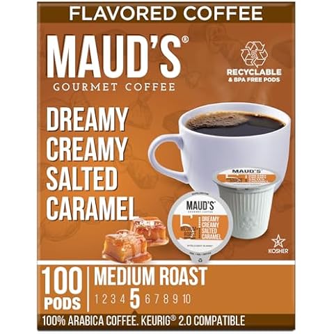 Maud's Salted Caramel Coffee Pods, 100 ct | Dreamy Creamy Caramel Flavor | 100% Arabica Medium Roast Coffee | Solar Energy Produced Recyclable Pods Compatible with Keurig K Cups Maker Cover
