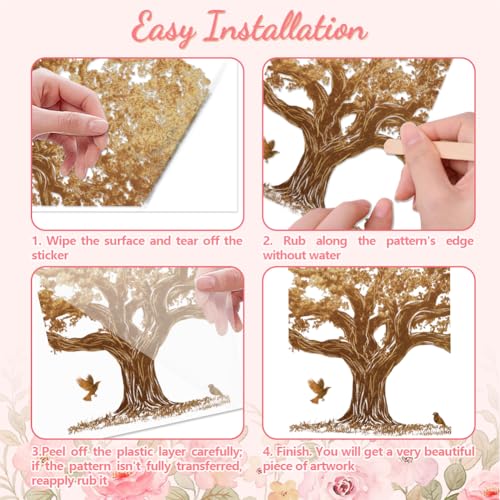 Peacoblue Rub on Transfer Decal Sticker for Furniture Craft Decor 15x30cm Gold Foil Tree with Scraper - Image 3