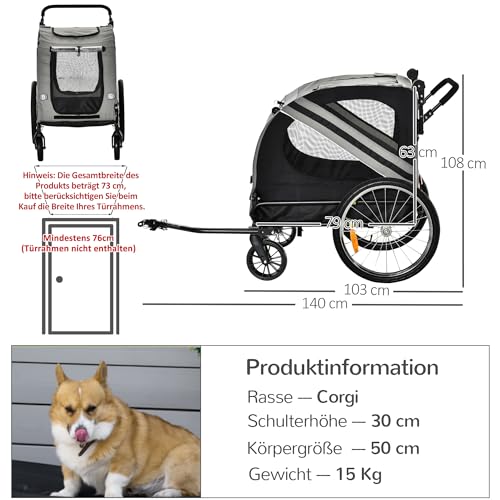 PawHut 2-in-1 Hundeanhänger & Hundebuggy, Hundefahrradanhänger Fahrradanhänger, Hundewagen mit Reflektoren für Mittelgroße Hunde bis 20 kg, Oxford-Gewebe, Grau