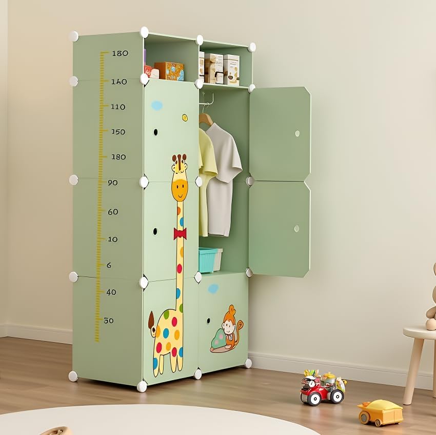 Image of Sunderlook Plastic Wardrobe for Kids Clothes - Professional Collapsible Wardrobe, Easy to Use Foldable Almirah, Plastic Cupboard for Kids for Home (Green-S3, 6 + 2 Door)